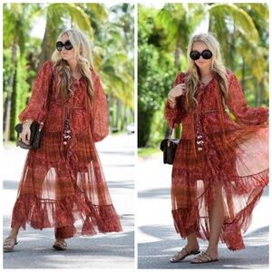 Zimmermann Edie Long Ruffle Robe Maxi Dress‎ Silk Embellished Belt Floral Size 4